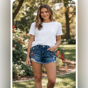 American Eagle Outfitters High Waist Denim Shorts with Floral Embroidery